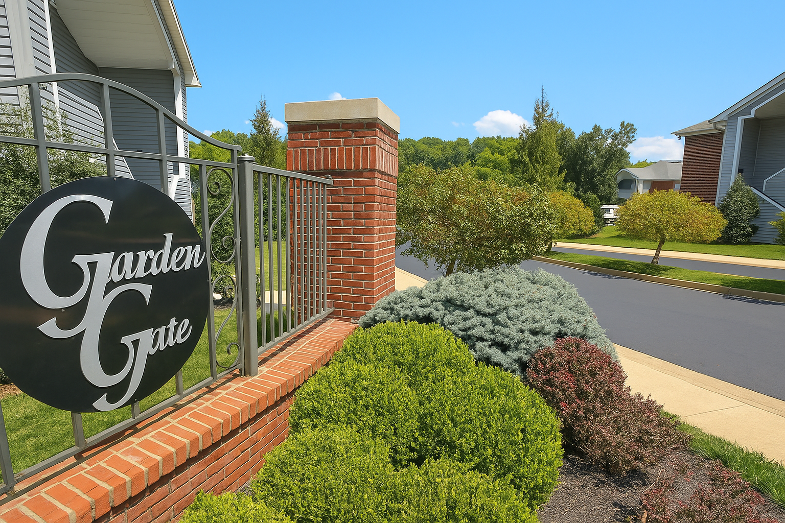 A sign for garden gate is sitting on a brick wall.