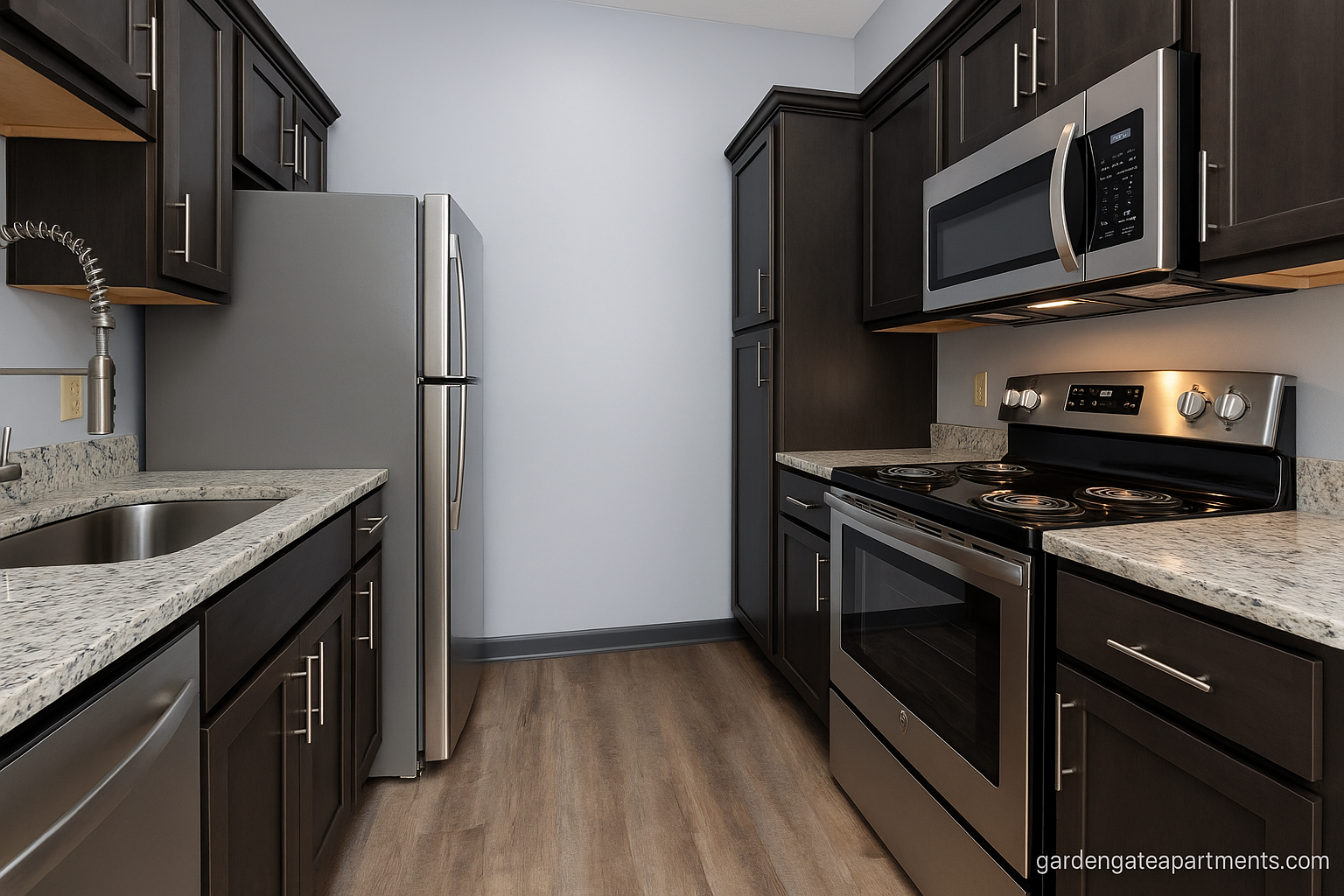A kitchen with stainless steel appliances and granite counter tops