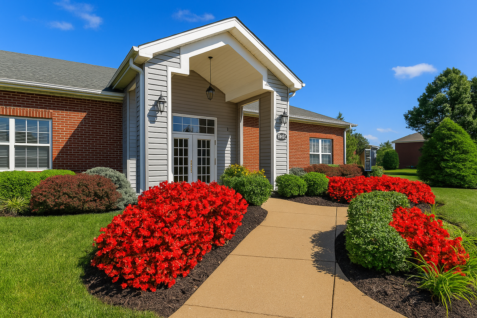 A brick building with a walkway leading to it and red flowers in front of it.