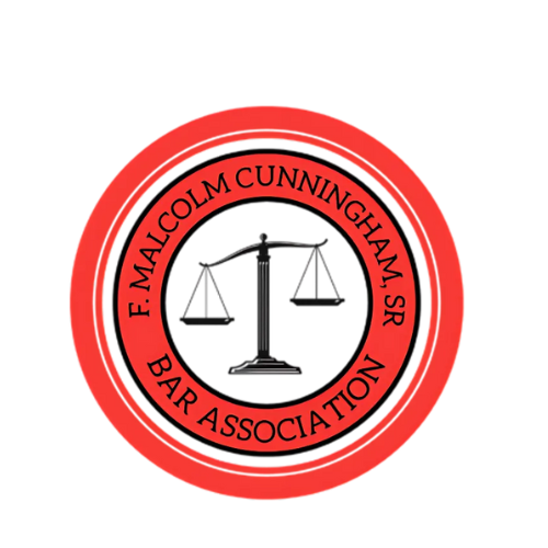 Red circle with black text: F. Malcolm Cunningham, Sr. Bar Association, centered scales of justice.