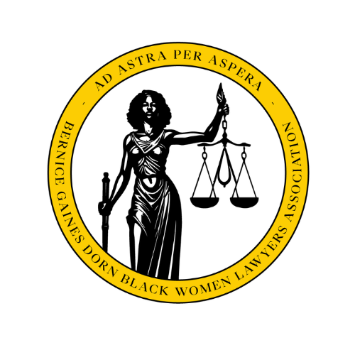 Logo: Black woman as Lady Justice, holding scales and sword, with gold ring, text