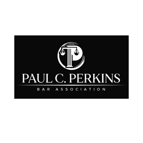 Black rectangle with white text and logo. Paul C. Perkins Bar Association. Features scales of justice logo.