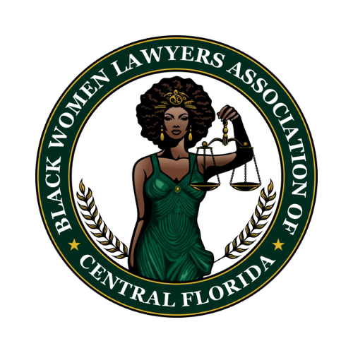 Black Women Lawyers Association of Central Florida logo: Woman in green dress holding scales of justice, encircled by text.