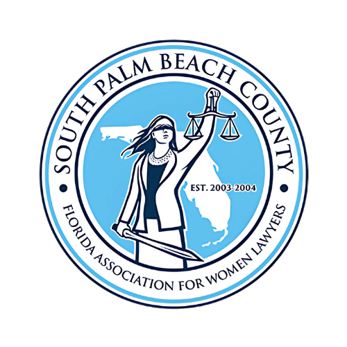 Logo: South Palm Beach County Florida Association for Women Lawyers. Lady Justice with scales, Florida map, blue and white.