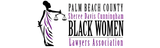 Logo of Palm Beach County Black Women Lawyers Association. Silhouette of woman holding scales and a sword.