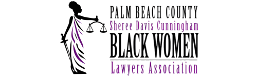 Logo of Palm Beach County Black Women Lawyers Association. Silhouette of woman holding scales and a sword.