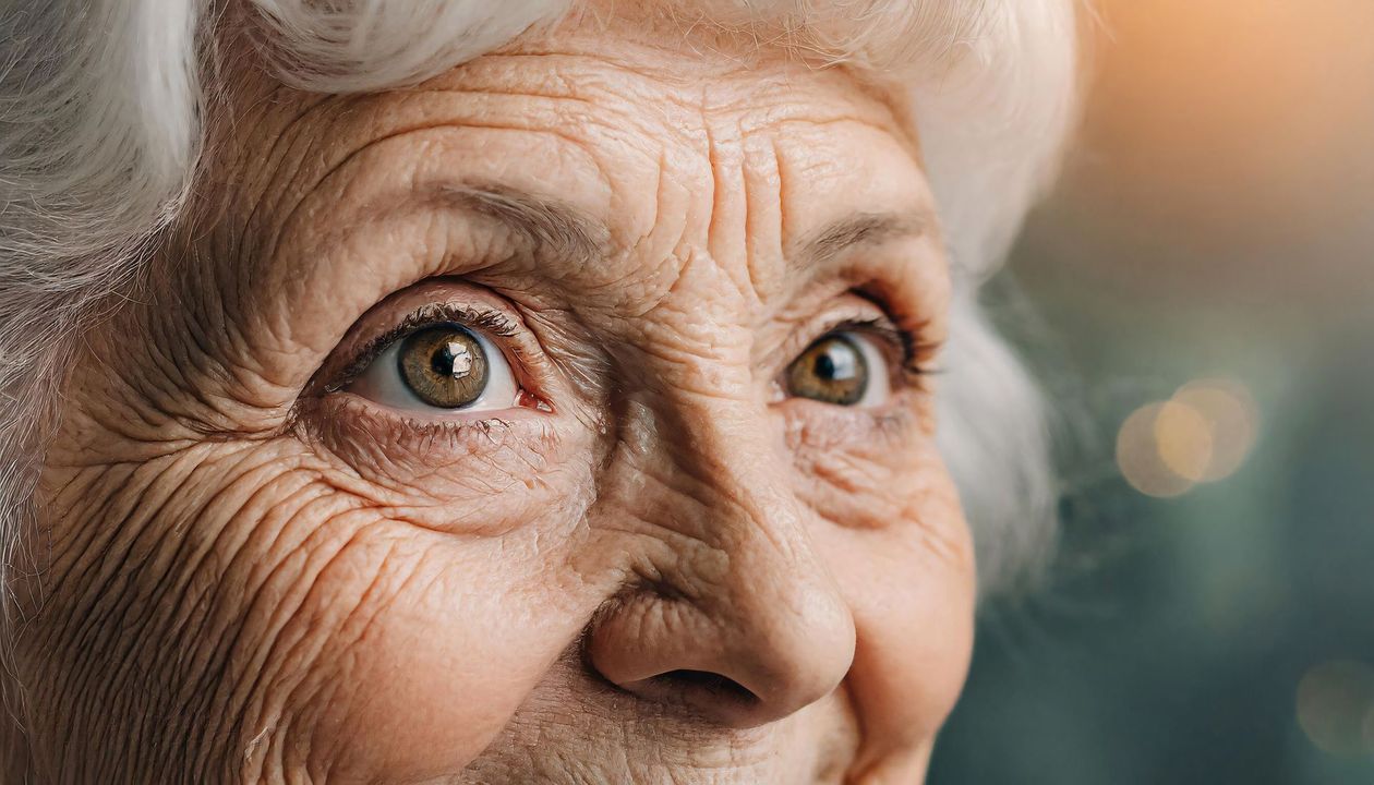 A close up of an elderly woman 's eyes with wrinkles.