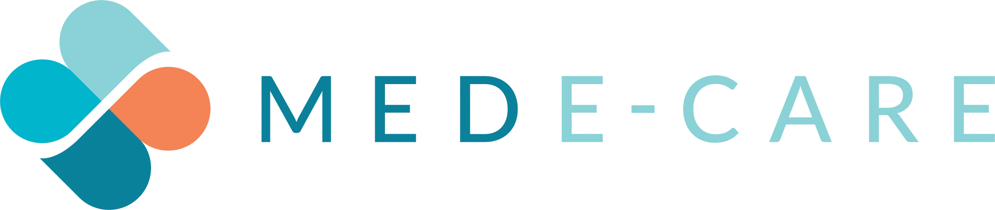 The logo for mede-care is a blue and orange logo with a cross in the middle.