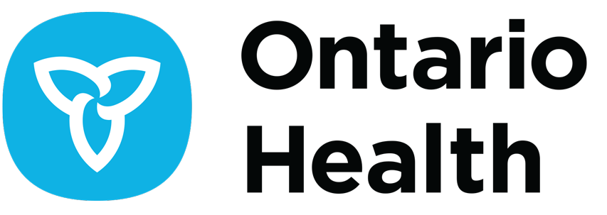 The ontario health logo is a blue circle with a heart in the middle.