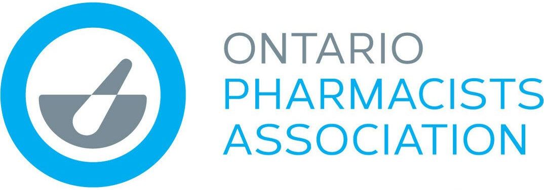 The ontario pharmacists association logo is a blue circle with a mortar and pestle in it.