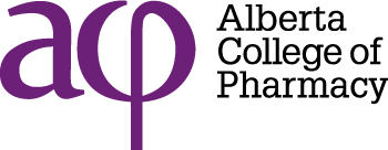 The logo for alberta college of pharmacy is purple and black.