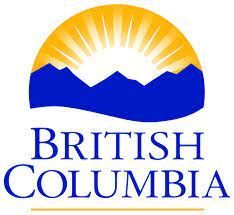 The logo for british columbia shows a sun shining over a mountain range.