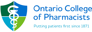 The ontario college of pharmacists logo is a shield with a caduceus on it.