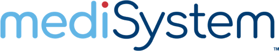 A blue and white logo for medisystem on a white background