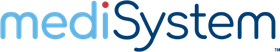 A blue and white logo for medisystem on a white background