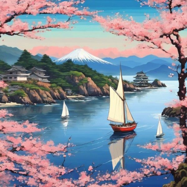 A painting of a sailboat in the water with Mt. Fuji in the background