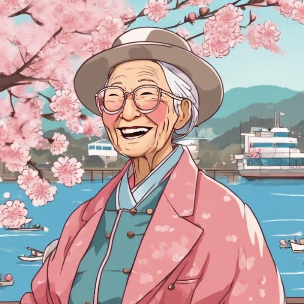 An illustration of an elderly woman wearing a hat and glasses