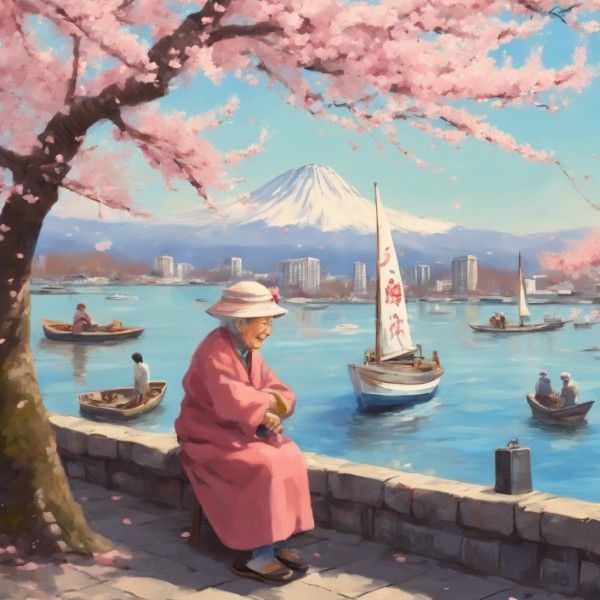 A painting of an elderly woman sitting on a wall looking at boats in the water