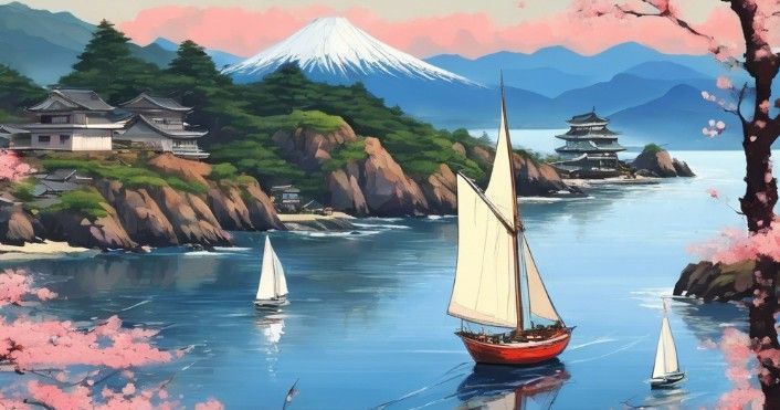 A painting of a sailboat in the water in Japan with Mt. Fuji in the background.