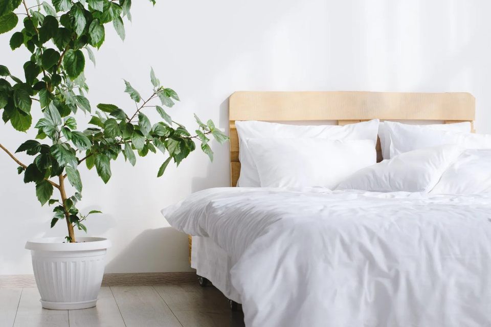 letto con copripiumino bianco
