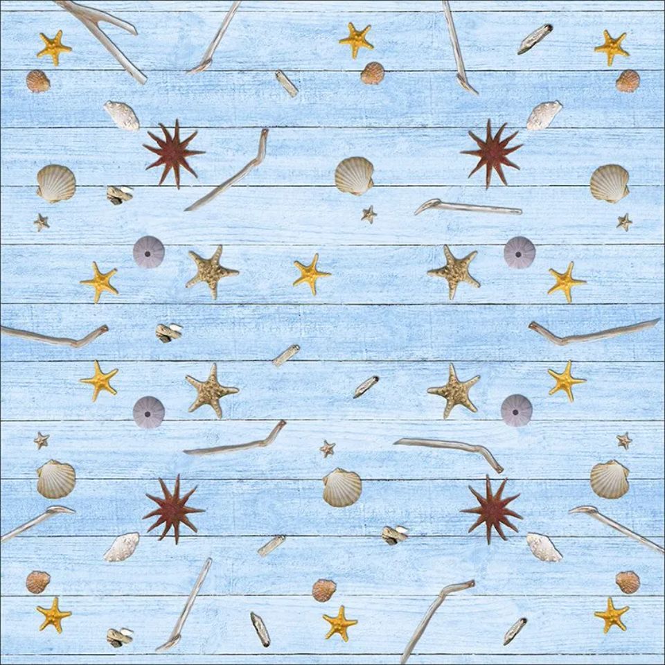 tablecloth with sea-themed pattern and blue background