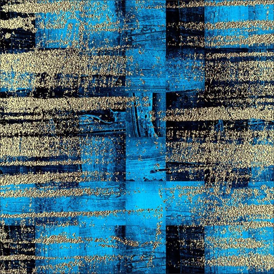 blue and gold tablecloth with abstract pattern