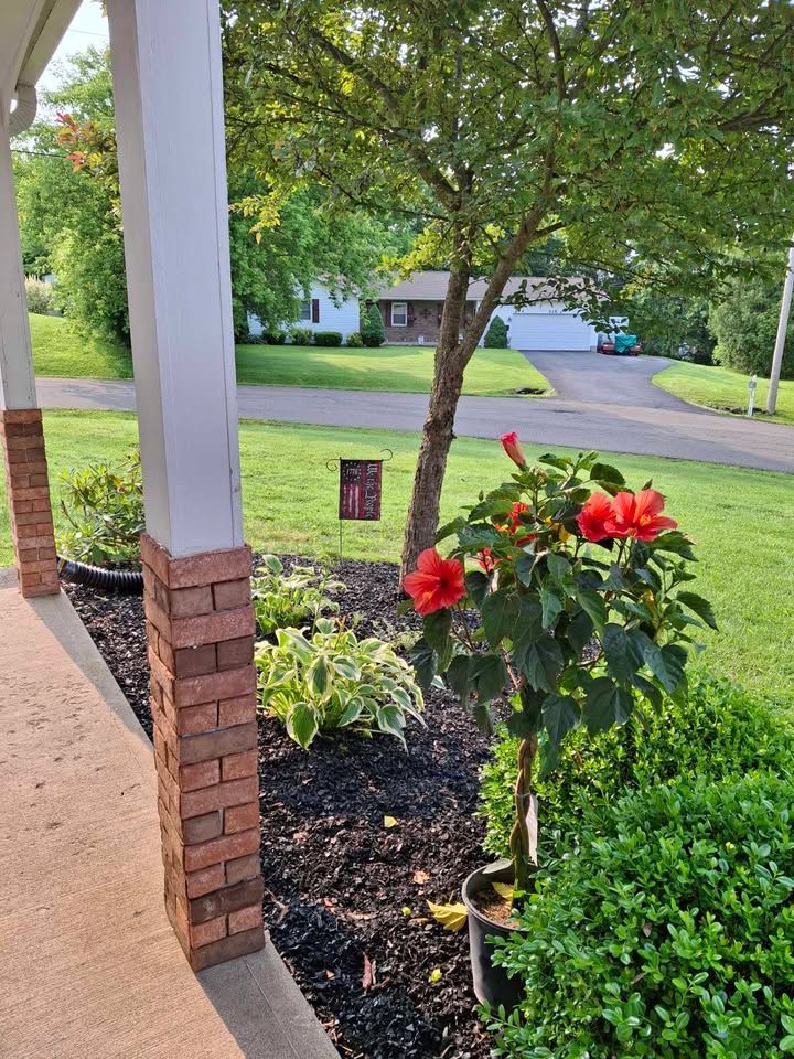 A porch with a flower bed, red hibiscus, and a tree, next to a brick-like column and a grassy yard.