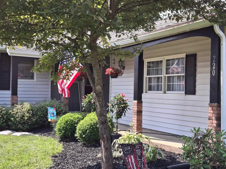 A light blue house with black shutters, an American flag, and a small tree in front.
