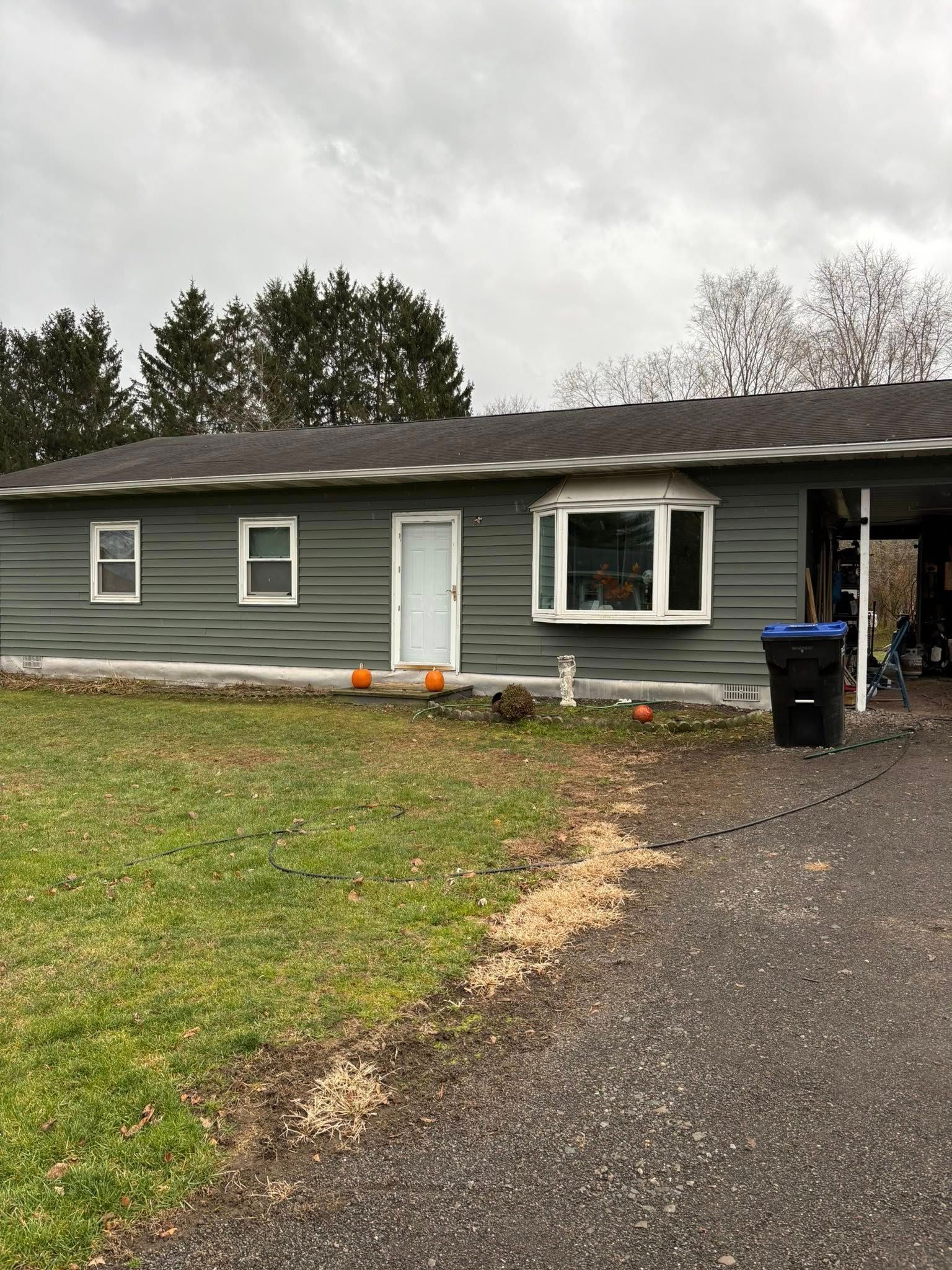Green house with white trim, bay window, and a driveway. Overcast day.