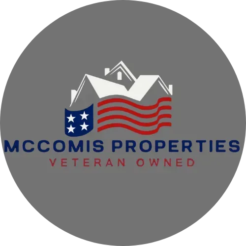 Logo of McComis Properties, a veteran-owned real estate company, with a house silhouette and American flag design.