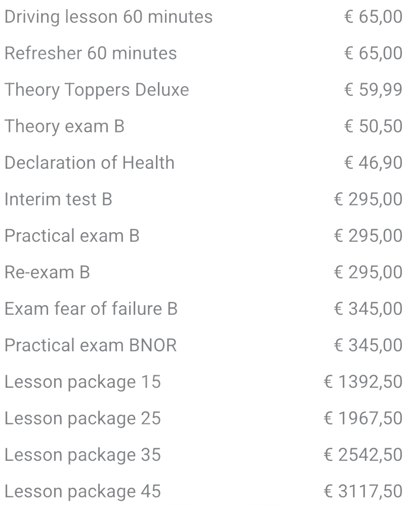 Price list for driving lessons and exams.