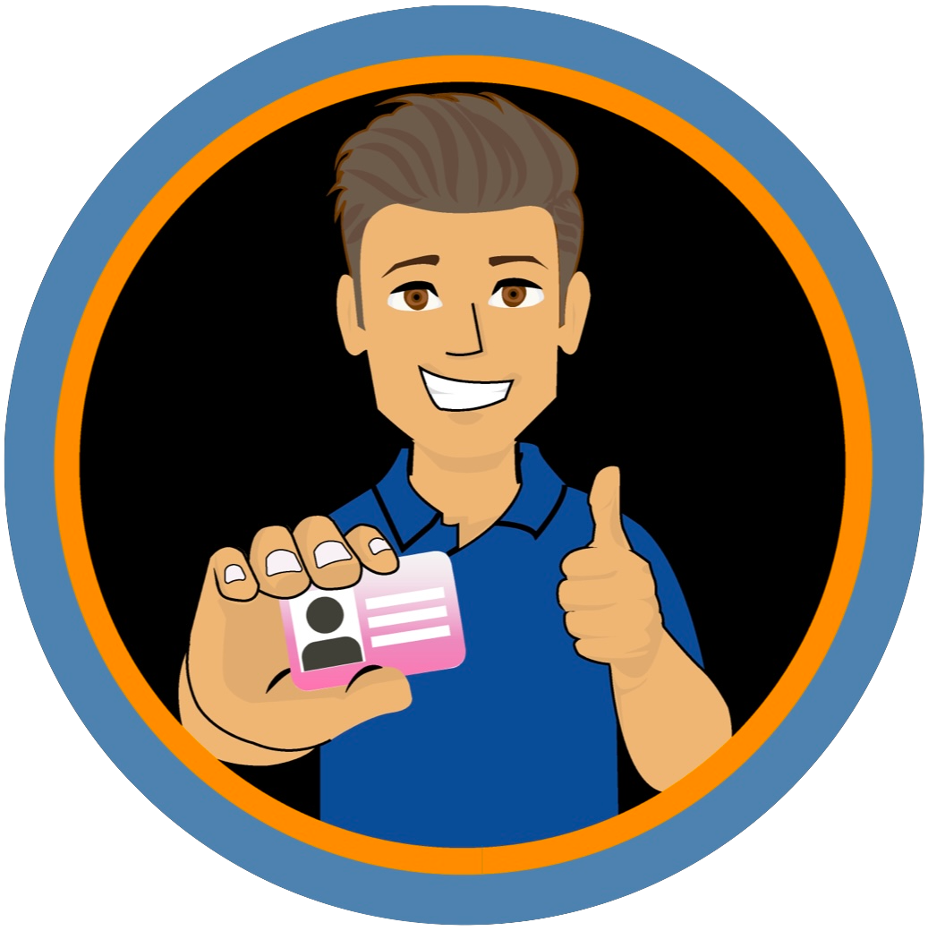 Een man in een blauw shirt houdt een rijbewijs vast en steekt zijn duim omhoog.