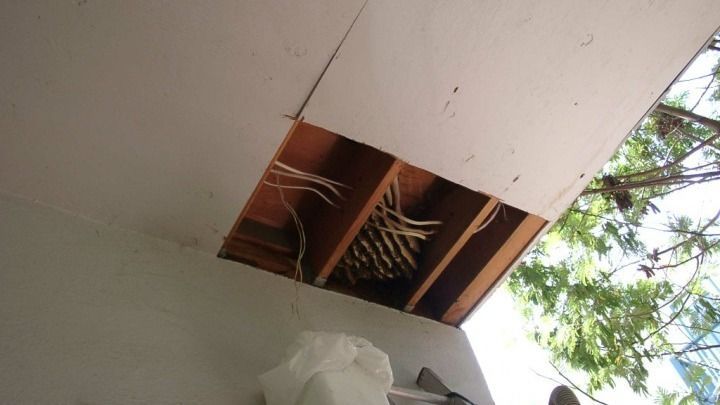 A ceiling with a hole in it and wires coming out of it