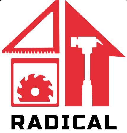 A red and white logo for radical with a hammer saw and ruler