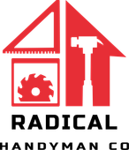 A red and white logo for radical with a hammer saw and ruler