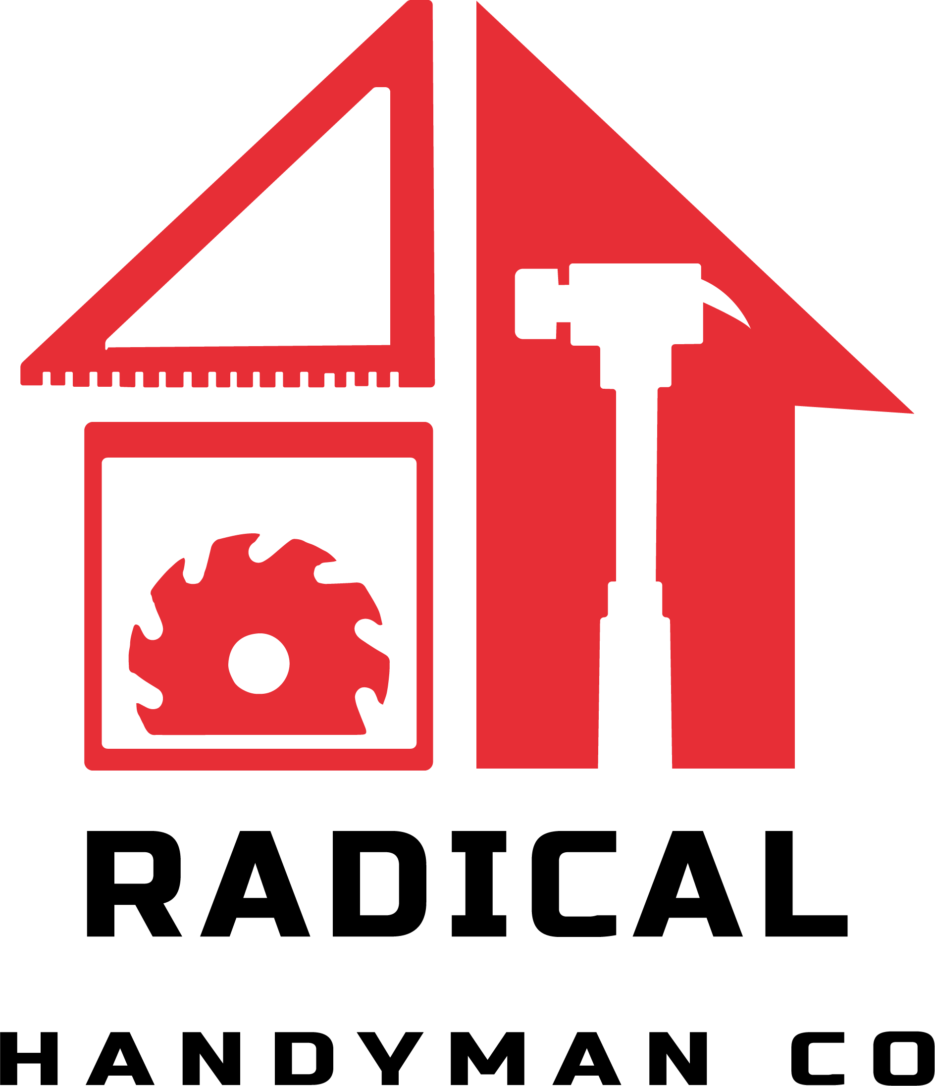 A red and white logo for radical with a hammer saw and ruler