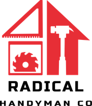 Red logo for Radical Handyman Co. featuring a house outline containing a triangle, saw blade, and hammer silhouette.