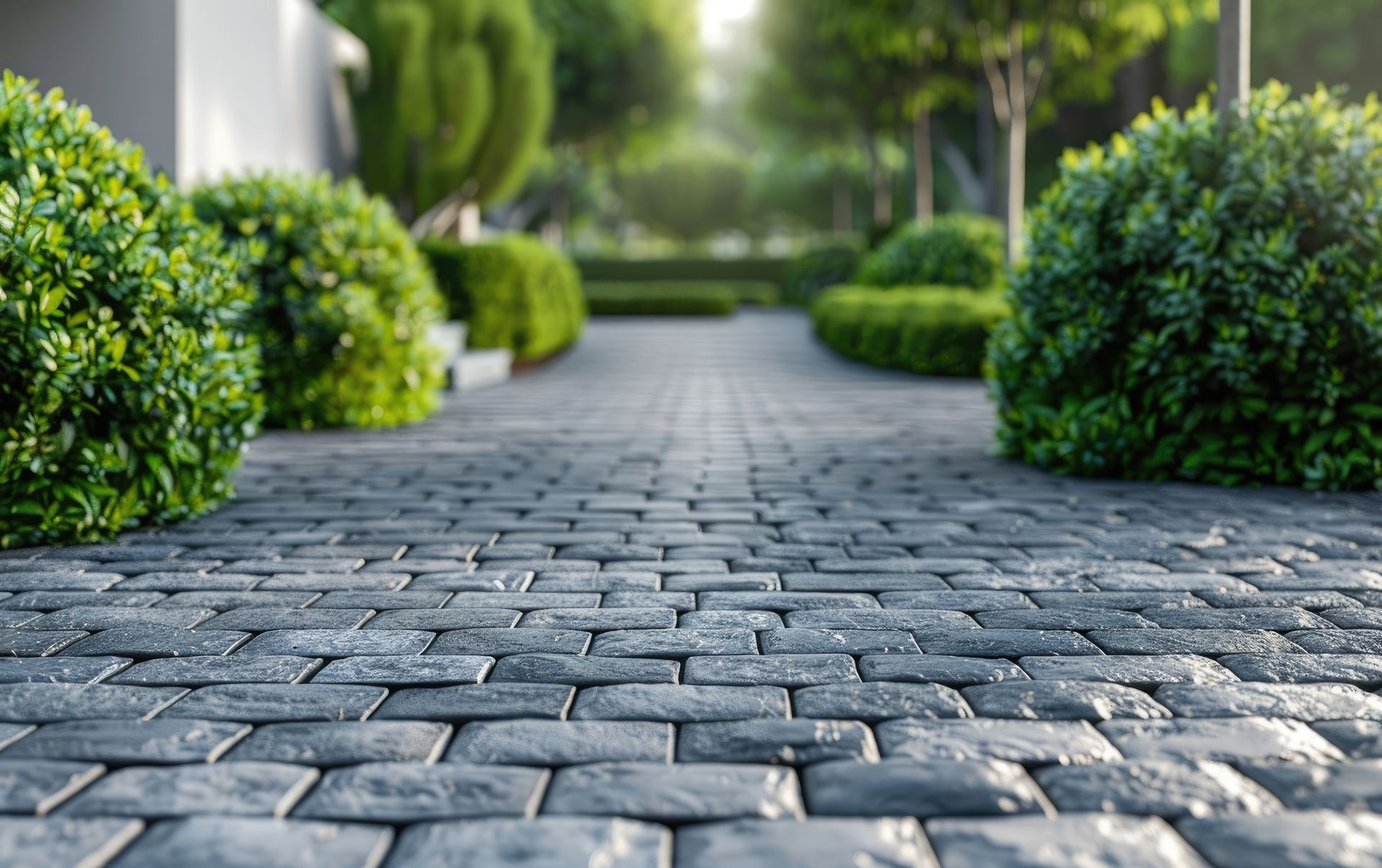 A brick walkway in a park with trees and bushes on both sides.