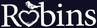 "Robins" logo with a bird perched on a heart-shaped design, white text on a navy blue background.