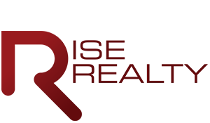 A red and white logo for rise realty