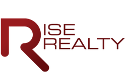 A red and white logo for rise realty