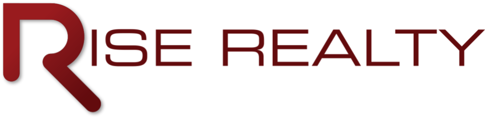 The logo for rise realty is red and white.