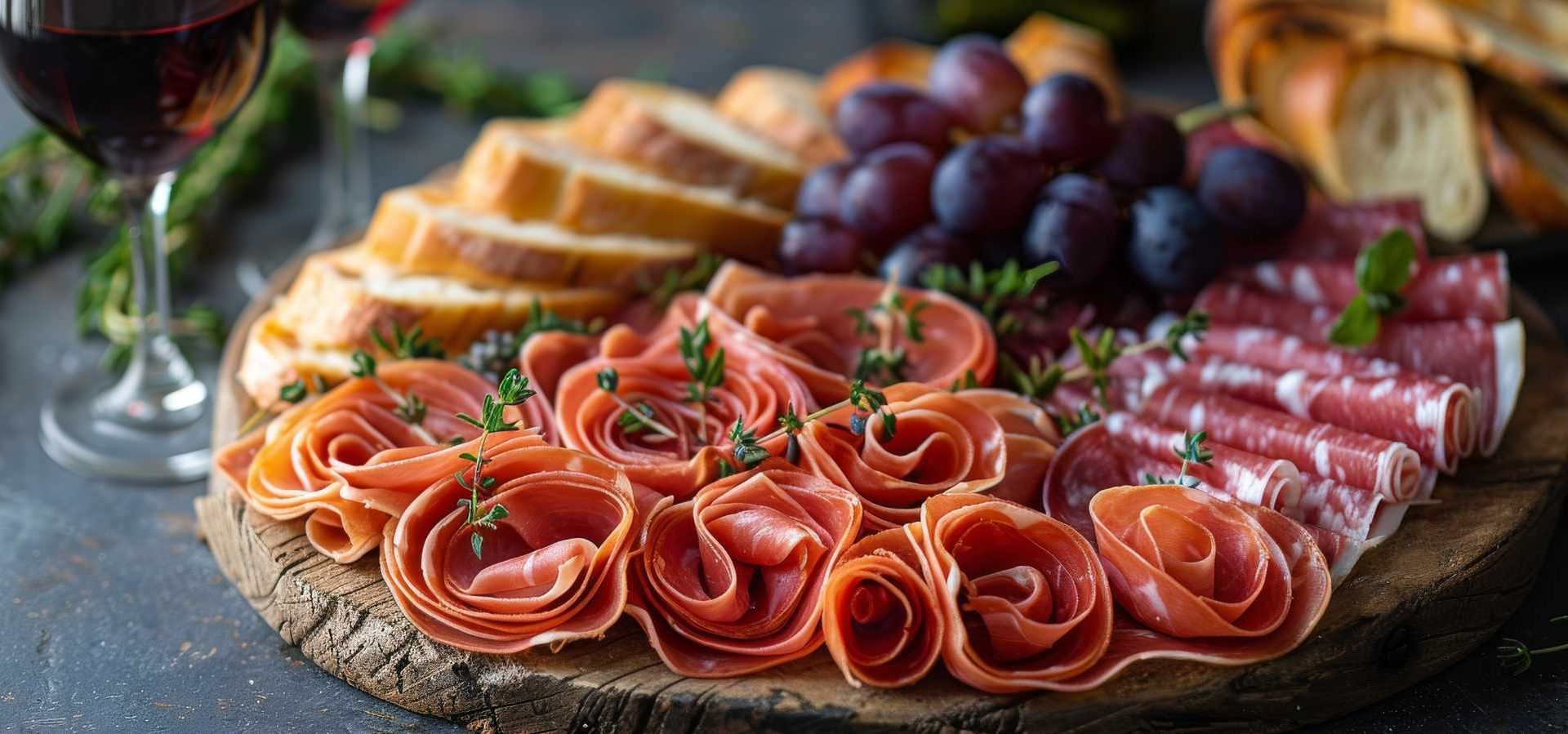 Charcuterie board with sliced meats, grapes, bread, and wine.