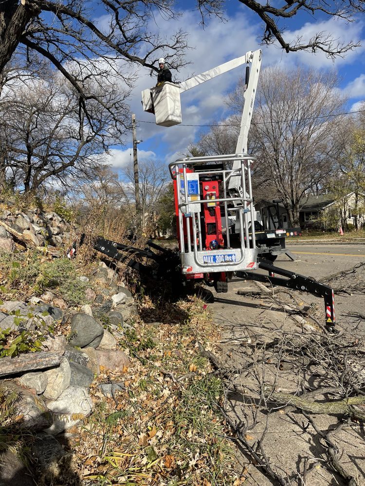 Cherry picker trimming tree branches near power lines on a road.