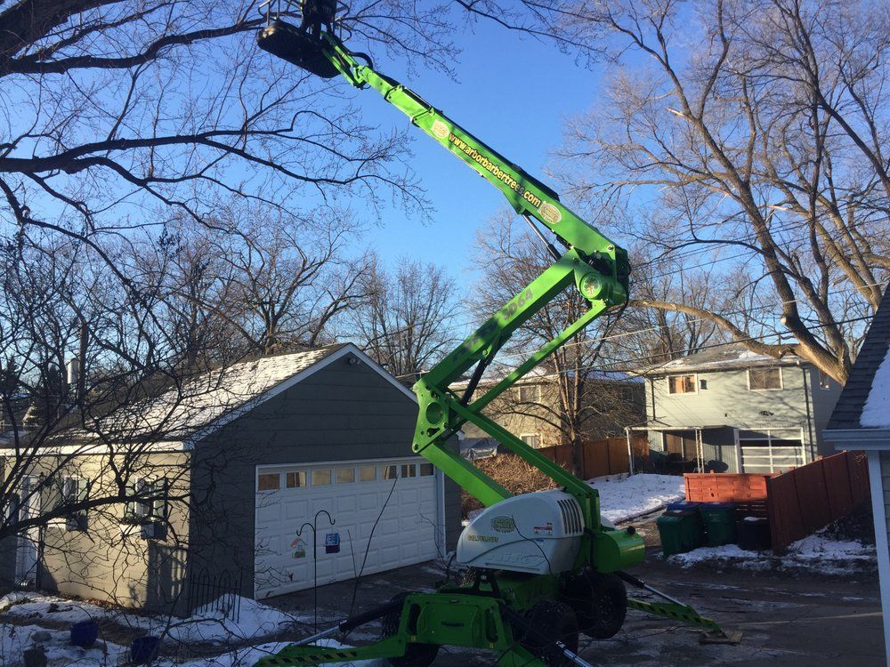 A green cherry picker trims tree branches near a gray garage and houses on a sunny day with snow.
