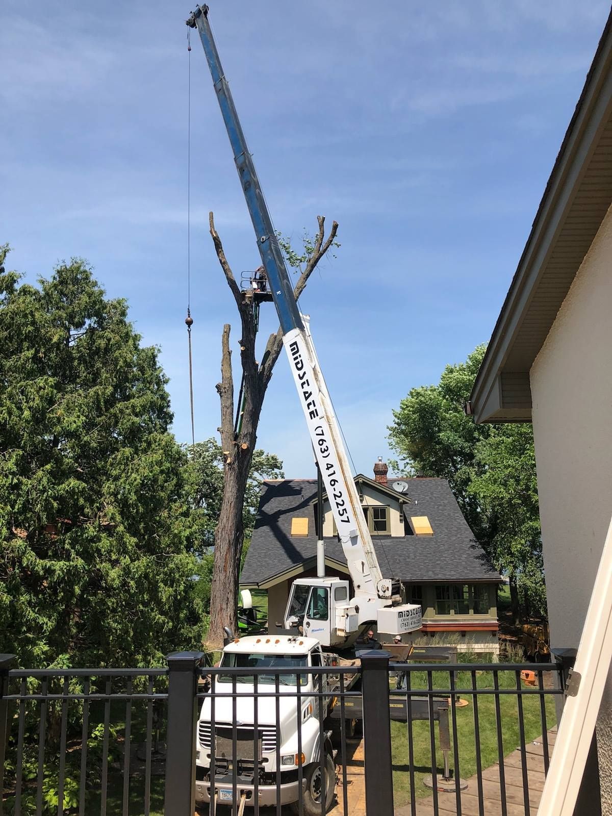 Crane removing a tree next to a house with a dark fence and bright blue sky.