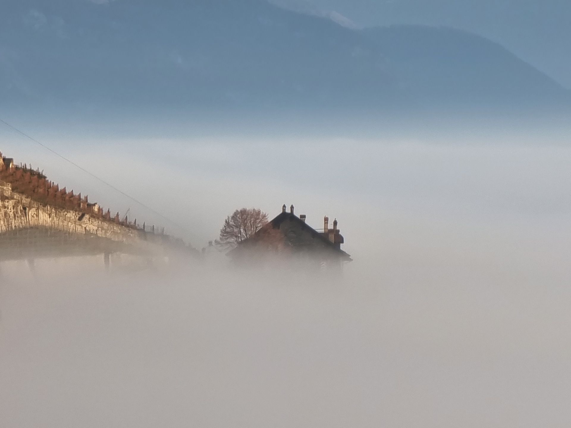 une maison au milieu d'un champ brumeux avec des montagnes en arrière-plan.