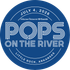 Blue circular “Pops on the River” event logo with date and Little Rock, Arkansas text