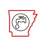 An arkansas map with a faucet and a drop of water in a circle.
