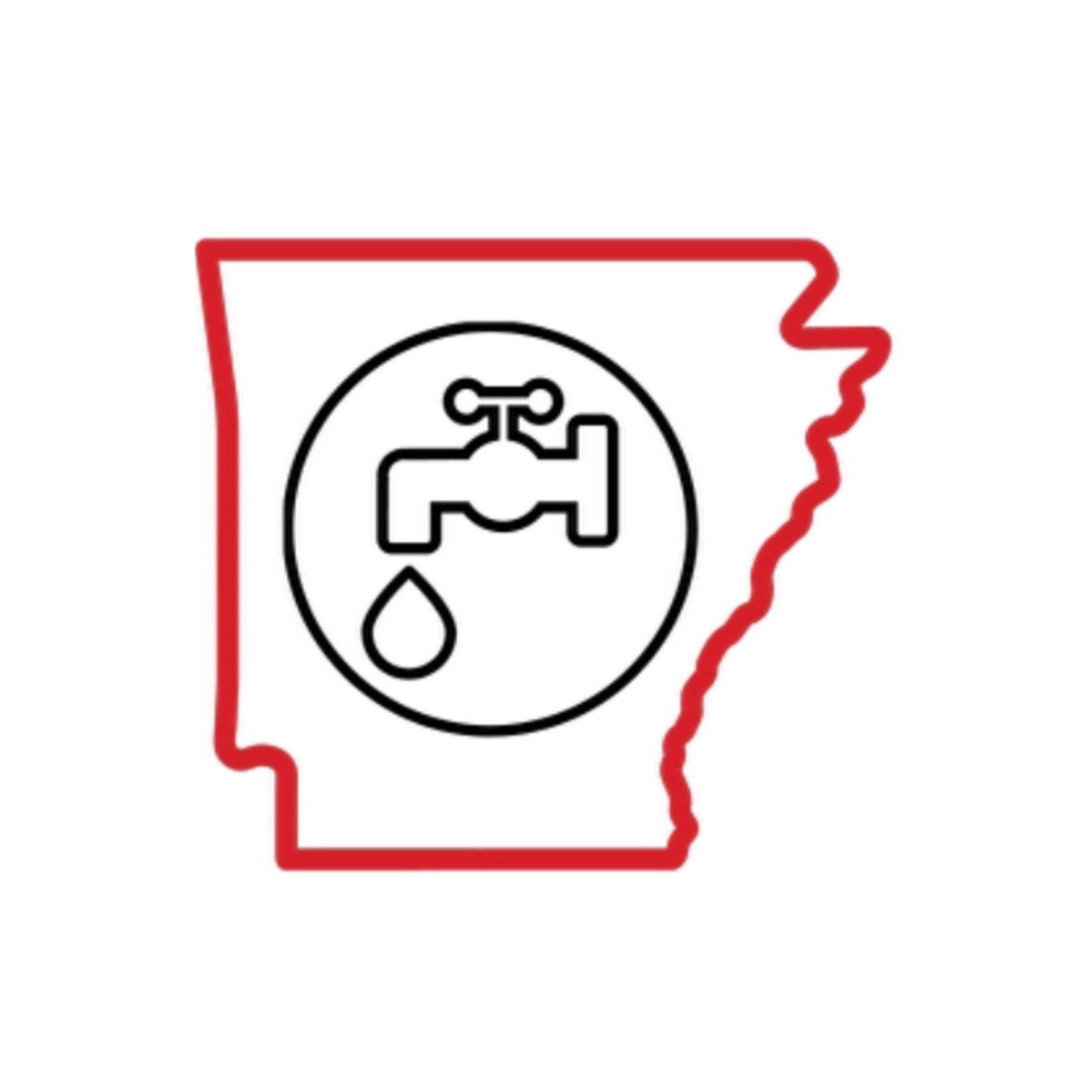 An arkansas map with a faucet and a drop of water in a circle.